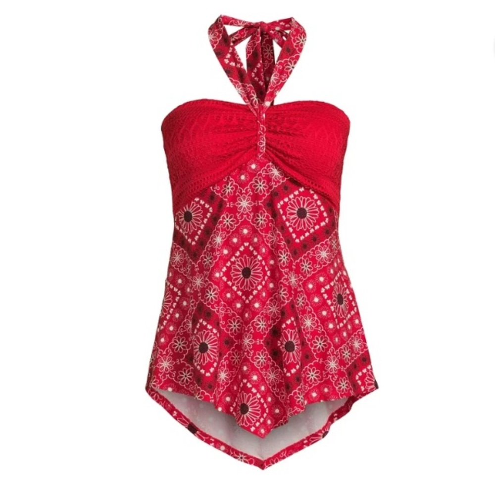 Red No Boundaries Crochet Trim Halter Top with Hanky Hem